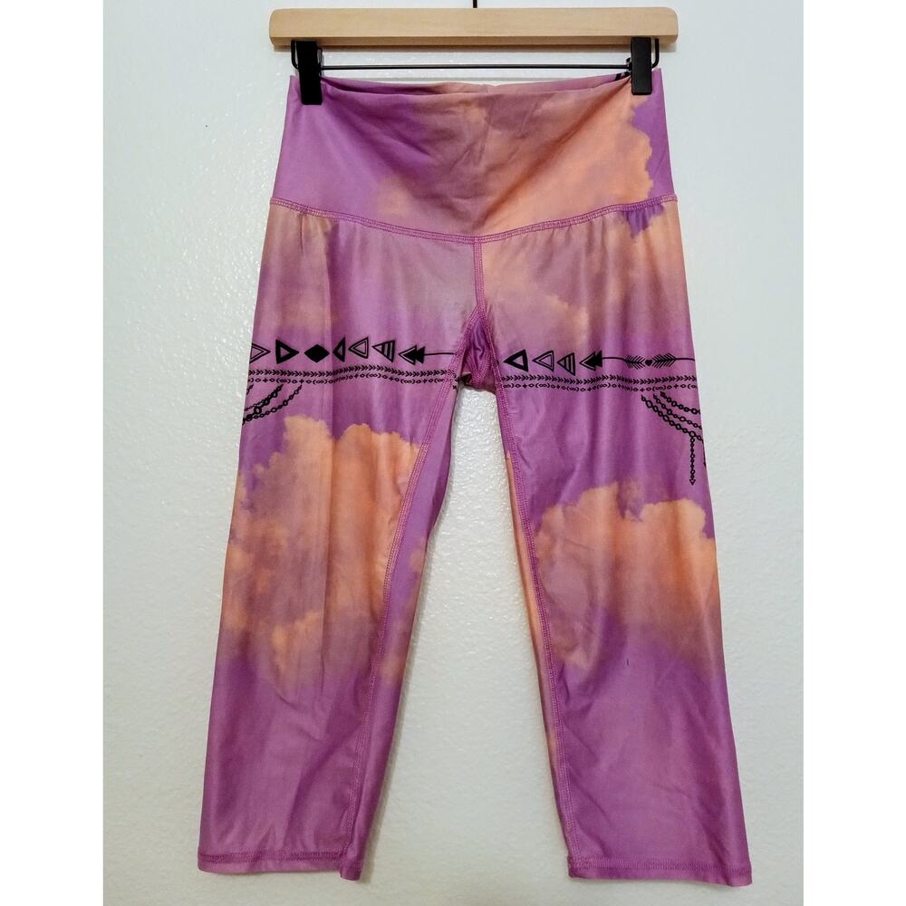 Teeki Purple Haze Crop Yoga Capri Leggings Orange Cloud Tribal Arrow Print SZ M